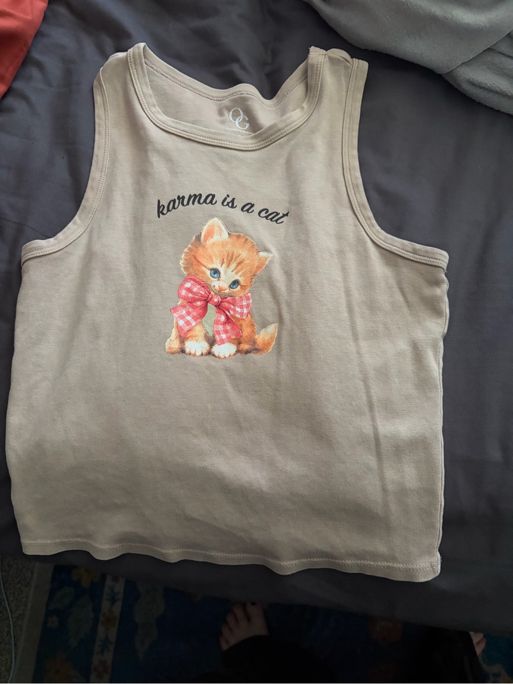 Women’s Beige Tank Top with Kitten Graphic - "Karma is a Cat"